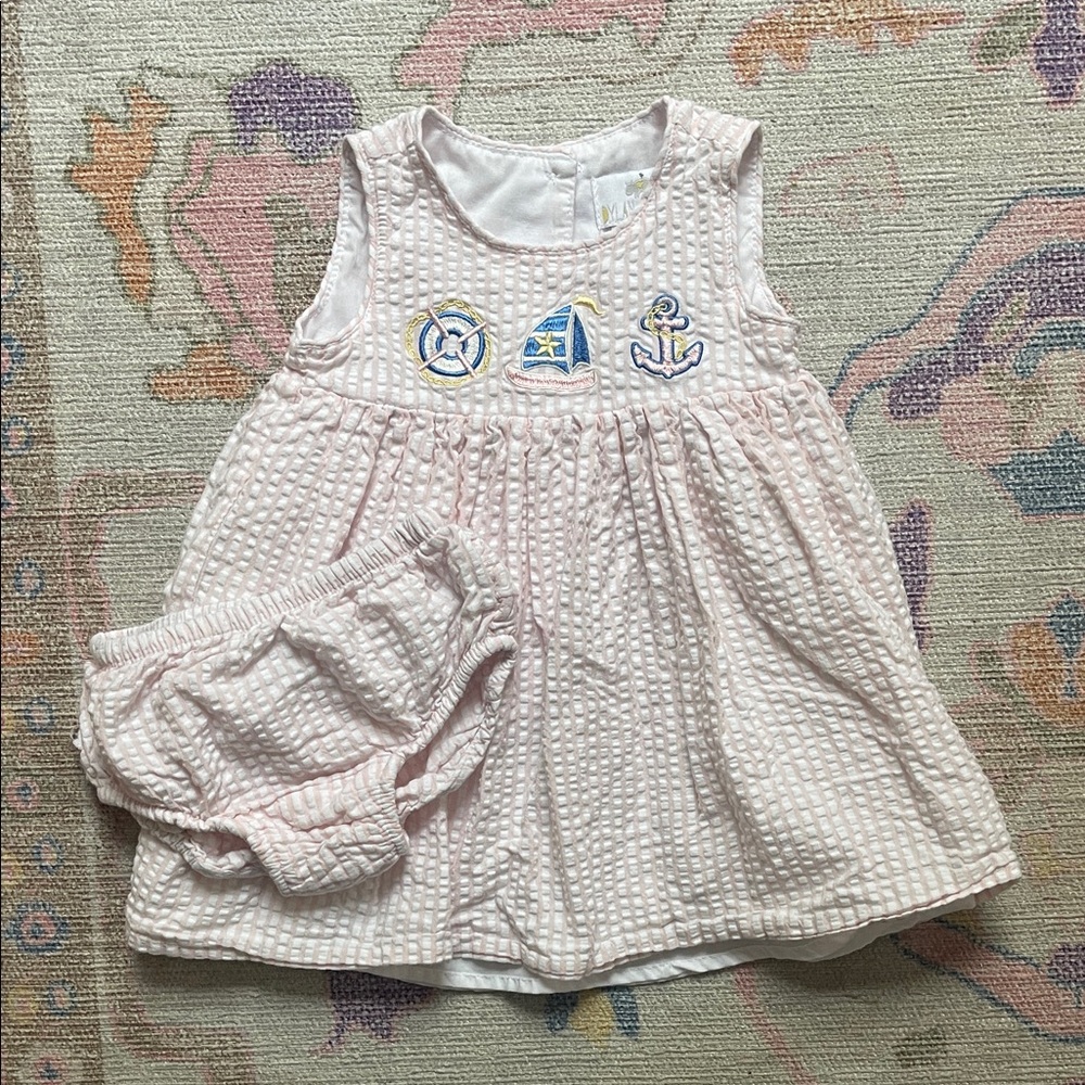 Dylan & Abby seer-sucker Nautical Dress + Bloomers